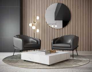 Angelo Lounge Chair - trento black with liza coffee table and Mila round mirror - brass