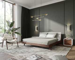 Mikkel Bed Scene -alesund/walnut. Featuring Grayson nightstand and Aubrey lounge chair. 