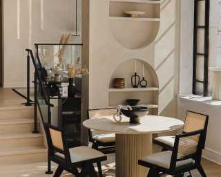 Athena Dining Table with Javert Side Chairs in peal boucle 